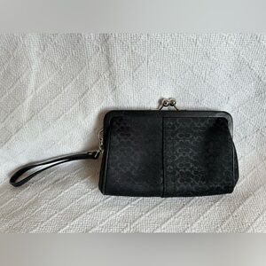 Coach Signature Black Canvas Leather Trim Kisslock Framed Wristlet Evening Bag